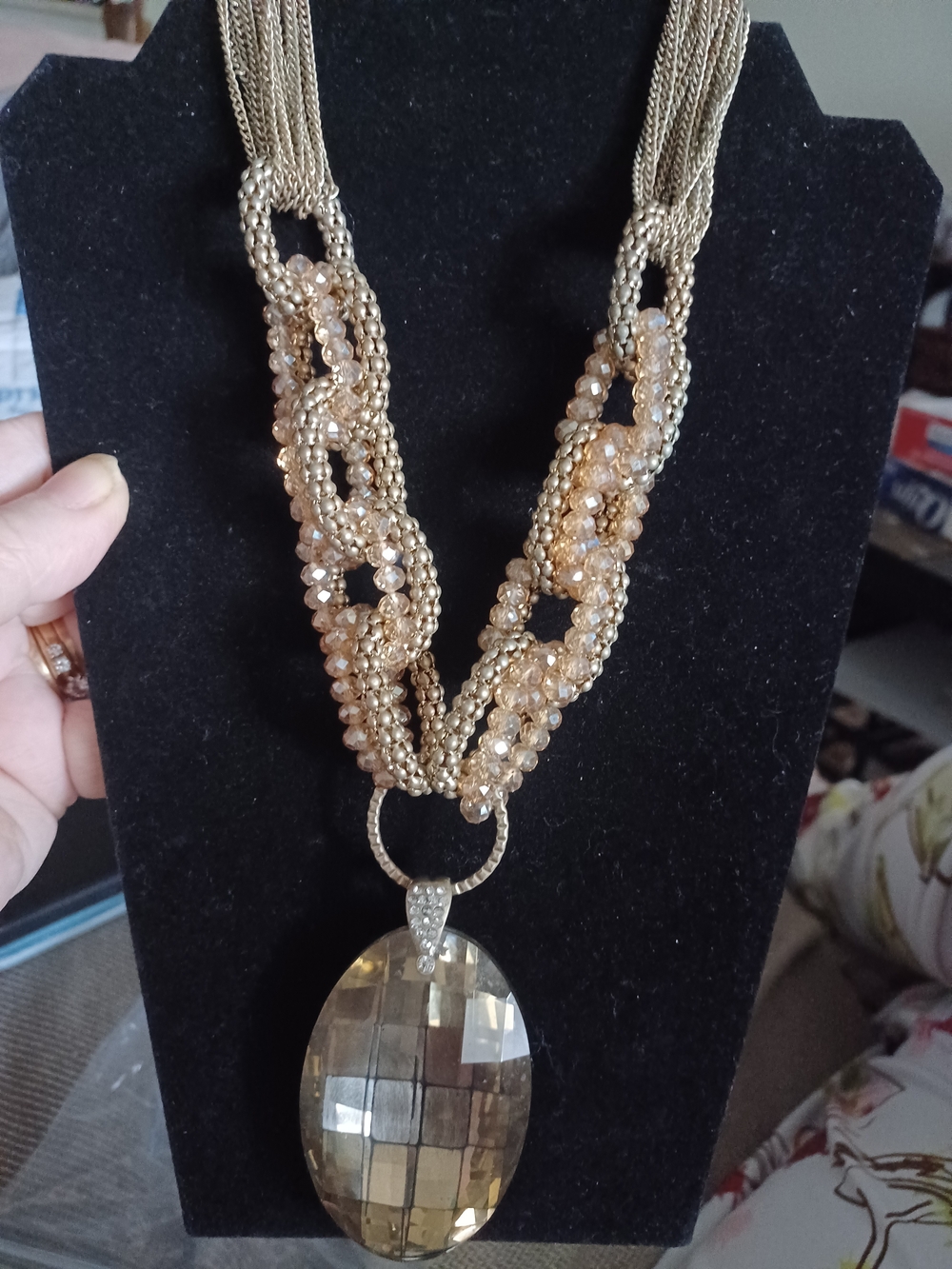 Gold Beaded Statement Necklace with Faceted Pendant